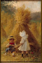 Der Heuhaufen Zwei Kinder auf dem Feld