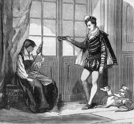 Die Liebe von König Heinrich II. (1519-1559) und einer jungen Italienerin Filippa Duco. Gravur in „Die Geschichte der Prostitution und Ausschweifung unter allen Völkern der Welt von der Antike bis zur Gegenwart“ von Dr. Th. -F. Debray. 1879.