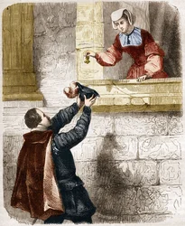 Die geheimnisvollen Lieben von König Heinrich II. (1519-1559) und Diane de Poitiers (1499-1566). Gravur in „Die Geschichte der Prostitution und Ausschweifung bei allen Völkern der Welt von der Antike bis zur Gegenwart“ von Dr. Th.-F. Debray. 1879.