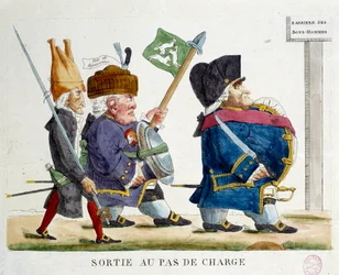 Der Auszug beim Angriffsschritt. Karikatur, die Männer zeigt, die die Barriere der guten Männer unter der Restauration (1823) überqueren. Gravur von 1823. Paris, Musée Carnavalet
