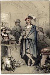 Der Maler Albert (Albrecht) Dürer (1471-1528), Sohn von Josef Dürer, einem Goldschmied aus Nürnberg, der reich geworden ist, kehrt in das Haus seines Vaters zurück und holt alle Werke zurück, die er verkaufen musste. Platte aus „Scenes de la vie des hommes