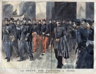 Der Poststreik: Soldaten und Stadtwachen, die in Paris Briefe verteilen. Gravur von 1899 in „La petite Gironde“