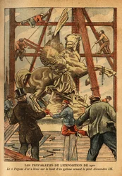 Die Vorbereitungen für die Ausstellung 1900, die Statue von "Pegase, von der Renommee am Zügel gehalten", in goldenem Bronze, von dem Bildhauer Emmanuel Fremiet (1824-1910), wird auf einem der vier Pylonen der Alexander-III-Brücke platziert.