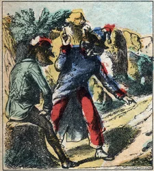 Der kranke Löwe und der Fuchs. Fabeln von Jean de La Fontaine (1621-95). Epinal-Bild vom Ende des 19. Jahrhunderts