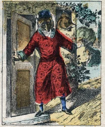 Der kranke Löwe und der Fuchs. Fabeln von Jean de La Fontaine (1621-95). Epinal-Bildgebung Ende des 19. Jahrhunderts.