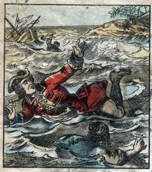 Das Sinken von Lemuel Gulliver. Illustration für „Gullivers Reisen“ von Jonathan Swift (1667-1745). Epinal Imaging Ende des 19. Jahrhunderts.