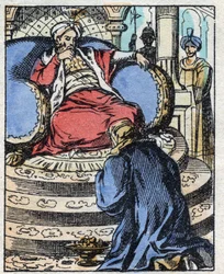Der Sultan ist erstaunt über die Diamanten, die Aladin ihm anbietet, um um die Hand seiner Tochter anzuhalten. Stich aus dem Märchen „Aladin und die Wunderlampe“ aus Tausendundeine Nacht. Epinal-Bild, Ende des 19. Jahrhunderts. Private Sammlung.