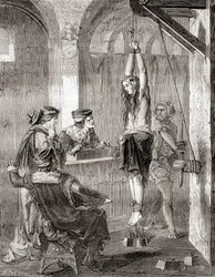 Die Folterung einer im Mittelalter der Hexerei beschuldigten Frau, aus Les Merveilles de la Science, veröffentlicht ca. 1870