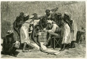 Der Besuch der Königinnen, die sechzehn Ehefrauen von König Sepopo, in Dr. Holubs Kiste. Gravur von D. Maillard, zur Illustration der Geschichte „Im Land der Marutses“, in den Jahren 1875-1879, von Dr. Emile Holub (1847-1902). Veröffentlicht in Le tour du 