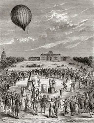 Der erste Wasserstoffballon der Welt, gestartet über dem Champs de Mars, Paris, Frankreich im Jahr 1783, aus Les Merveilles de la Science, veröffentlicht um 1870 (Stich)