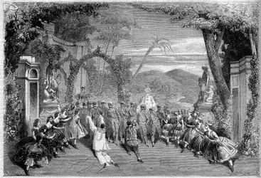 Theateraufführung: Akt II, letzte Szene von „Les Dances nationales de la France“ von Lambert Thiboust (1826-1867), Alfred Delacour (1815-1883) und Clairville (1811-1879). Paris, Théâtre des Variétés