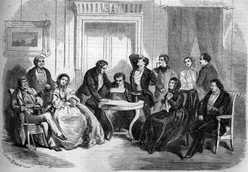 Theateraufführung des „Testaments von Cesar Girodot“ (Szene der Testamentseröffnung, Akt I) von Adolphe Belot und Edmond Villetard. Paris, Théâtre Impérial de l