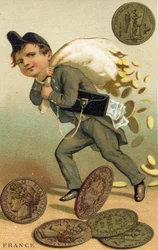 Dieb, der mit einem Sack französischer Francs und Banknoten entkommt, aus einer Serie von Werbekarten über Währungen in verschiedenen Ländern, veröffentlicht in Paris von Baster & Vieillemard für den Schokoladenhersteller
