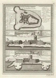 Drei Ansichten von Fort James in Gambia