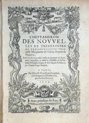 Titelseite des Heptameron: Erzählungen oder Nachrichten von Margarita von Navarra (Margarete von Valois, Margarete von Angoulême oder Margarete von Frankreich (1492-1549), Königin von Navarra und Dichterin)