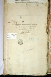 Titelseite des Originalmanuskripts von Second Captain Chanal, der „Reise um die Welt auf dem Solid Captain Marchand“ (ein Logbuch). 1791-1792. Nationalarchiv von Paris