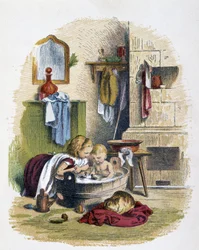 Toilette in „Schnik, schnak, Kleinigkeiten für die Kleinen“, Kinderspiele. Hrsg. London- Georges Ronthedge und Söhne. New York, The broad way Ludgate n.d. ca. 1890.