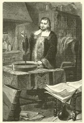 Torricelli erfindet das Barometer (Stich)