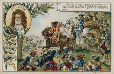 Handelskarte mit einem Bild, das die Schlacht von Marsaglia darstellt