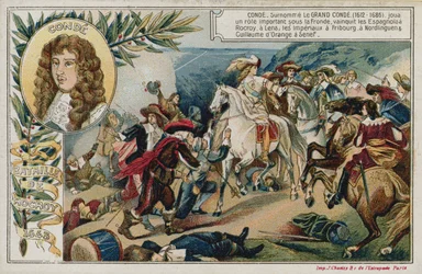 Handelskarte mit einem Bild, das die Schlacht von Rocroi darstellt