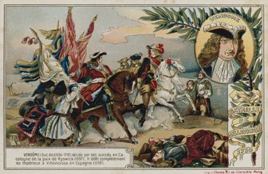 Handelskarte mit einem Bild, das die Schlacht von Villaviciosa darstellt