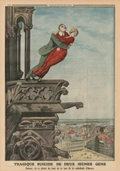 Tragischer Suizid zweier junger Menschen vom Turm der Kathedrale in Antwerpen, Illustration auf der Rückseite von „Le Petit Journal, supplément illustré“, 11. Mai 1913