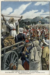 Dreifache Hinrichtung in Algerien: Hinrichtung der Mörder von Inspektor Dubois und Brigadier Barbier. Nour Bouchta, einer der Verurteilten, sprach zur Menge, bevor er zum Schafott ging - "Le Petit Journal" vom 11. Juli