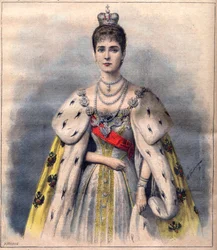 Zarin Alexandra von Russland in ihren Krönungsroben - Zarin Alexandra Fjodorowna im heiligen Kostüm. Illustration für Le Petit Journal, 24. Mai 1896 (Gravur)