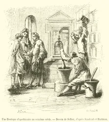 Eine Apothekerwerkstatt im 16. Jahrhundert (Stich)