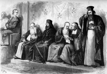 Erstes Vatikanisches Konzil (1869-1870): Patriarchen und Archimandriten während der vorsynodalen Audienz in der Sixtinischen Kapelle in Rom. Dezember 1869. Gravur in „Le Monde Illustré“ Nr. 662 vom 19. Dezember 1869.