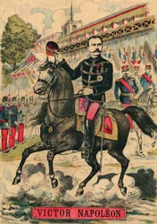 Victor Napoleon (1862-1926) an der Spitze der Bonapartisten-Anhänger, der letzte Erbe von Napoleon I. musste nach einem Gesetz der Dritten Republik von 1886 ins Exil gehen. Gravur in „Le Figaro, Beilage“, am 30.03.1889, Paris. Sammlung Selva.