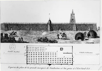 Ansicht und Plan der großen Moschee in Timbuktu, aus Journal dun voyage a Tombouctou von Rene Caillie, 1830