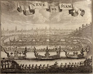 Ansicht von Ayutthaya mit königlichen Barken, aus Voyage du Siam des Peres Jesuites von Guy Tachard, 1688