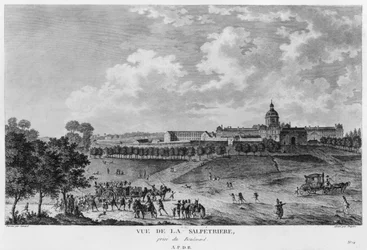 Ansicht des Hopital La Salpetriere, Transport von Prostituierten, Paris, graviert von Duparc, nach einer Zeichnung von Savard, um 1790