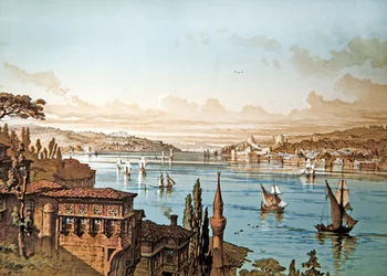 Ansicht des Schiffsverkehrs auf dem Bosporus und der Burg Rumeli Hisari mit Istanbul im Hintergrund