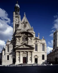 Ansicht der Fassade der Kirche Saint-Etienne du Mont, Place Sainte-Genevieve (Saint Etienne du Mont) in Paris im 5. Arrondissement (gleich wie Leemage Agentur).