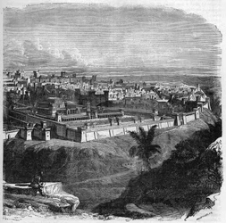 Ansicht der Stadt Jerusalem vor der Zerstörung des Tempels. Gravur in „Histoire des Papes-Rois-Queen und Empereurs à travers les siècles“ von Maurice Lachatre
