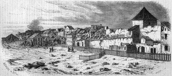 Ansicht des Stadtteils Kastrich in Mainz (Deutschland) nach der Explosion des Pulverfasses im Jahr 1857. Nach einer Fotografie. Gravur in „Le Monde Illustré“ Nr. 36 vom 19. Dezember 1857.