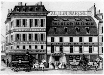 Ansicht des Äußeren der Bon Marché Geschäfte, Rue de Sèvres, Paris, ca. 1869