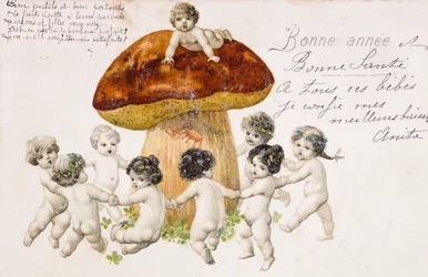 Vintage französische Postkarte mit tanzenden Kindern (Babys) um einen Pilz