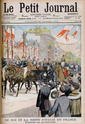 Besuch des Königs und der Königin von Italien in Frankreich. Der König und die Königin von Italien in Frankreich. Spaziergang auf den Boulevards mit dem Präsidenten der Französischen Republik Emile Loubet - Illustration für Le Petit Journal, 25. Oktober 19