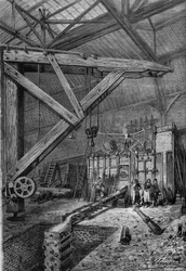 Krieg von 1870 - Belagerung von Paris: Das Schmelzen der Kanone „Petit Moniteur“, finanziert von den Lesern der Zeitung, in den Werkstätten von Messrs. Broquin und Laine in Paris. Gravur in „Le Monde Illustré“ Nr. 721 vom 4. Februar 1871.