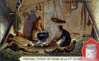 Schlafweisen: Lap-Schicht auf Rentierfellen und Schaum. Chromolithographie-Verpackung Liebig
