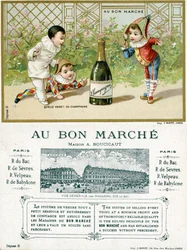 Was für ein Glück! Eine Flasche Champagner; Vorder- und Rückseite einer Werbekarte für die Bon Marché Kaufhäuser in Paris, ca. 1895