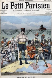 Weiß und Gelb (Karikatur über den Russisch-Japanischen Krieg: Länder wie Frankreich, USA, China... beobachten Japan und Russland beim Boxen). Titelblatt Le petit Parisien vom 3. April