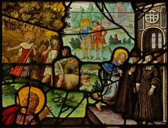 Fenster Charnier-10 zeigt Manna vom Himmel; Christus und die Hostie.