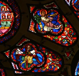 Fenster Ww mit Darstellung eines Engels mit Passionsinstrument - das Kreuz und eines Engels mit Trompete beim Jüngsten Gericht