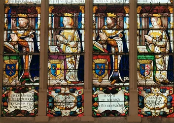 Fenster, das Louis de Bourbon (1376-1446) Comte de Vendome, Jeanne de Laval (gest. 1468) Jean II de Bourbon (1446-77) Comte de Vendome und Isabelle de Beauvau (gest. 1474) zeigt