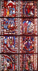 Fenster, das die Legende von St. Nikolaus, den Tod von St. Martin, St. Johannes den Täufer predigend in der Wüste, die Beschneidung von St. Johannes dem Täufer, die Legende von St. Stephan, die Predigt von St. Johannes dem B