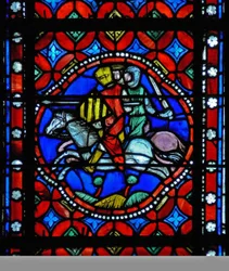 Fenster s1-R, eine Szene aus der Reise des heiligen Bonnet nach Rom und Abenteuer darstellend; Pavia wird belagert